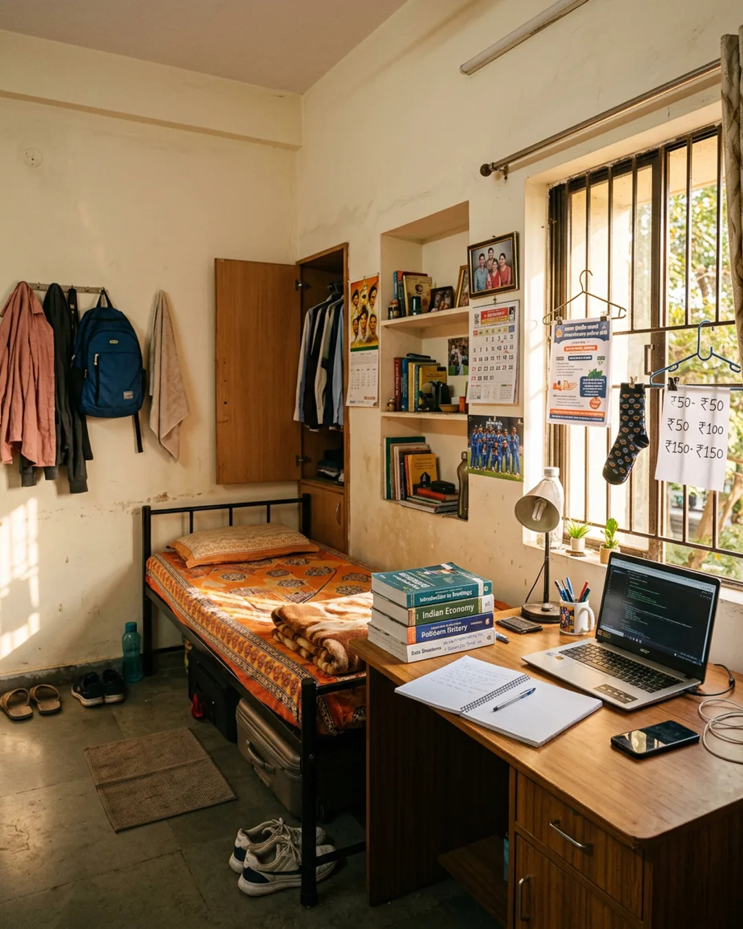 Students trading items in a hostel room